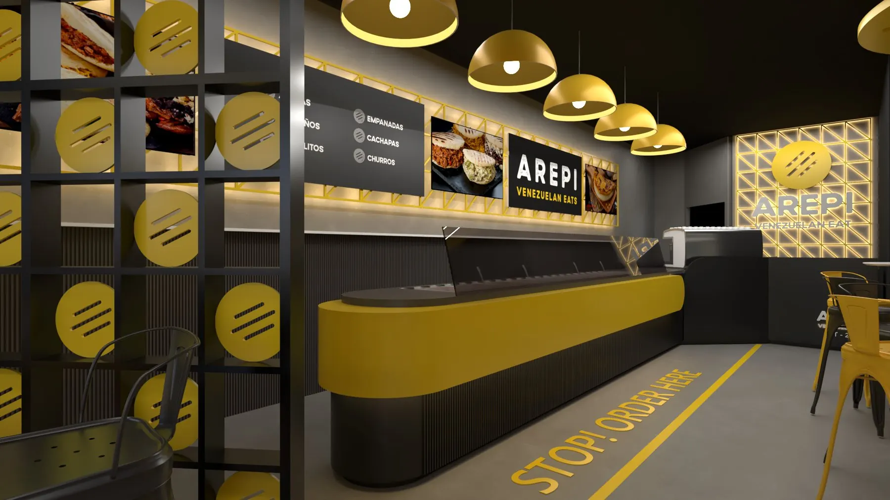 Render del concepto de local de AREPI: barra amarilla y mostrador