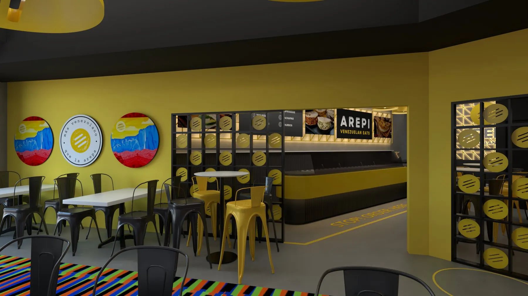 Render del concepto de local de AREPI: salón con mesas