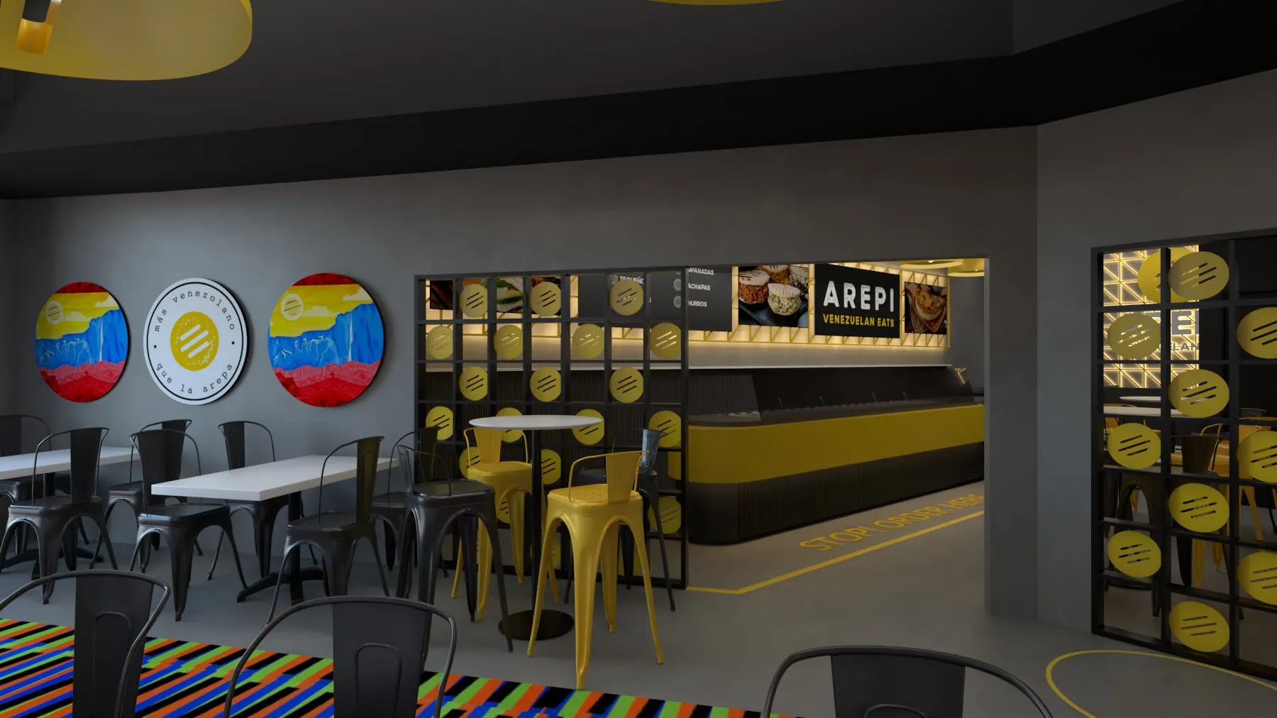 Render del concepto de local de AREPI: salón con mesas (pared gris)