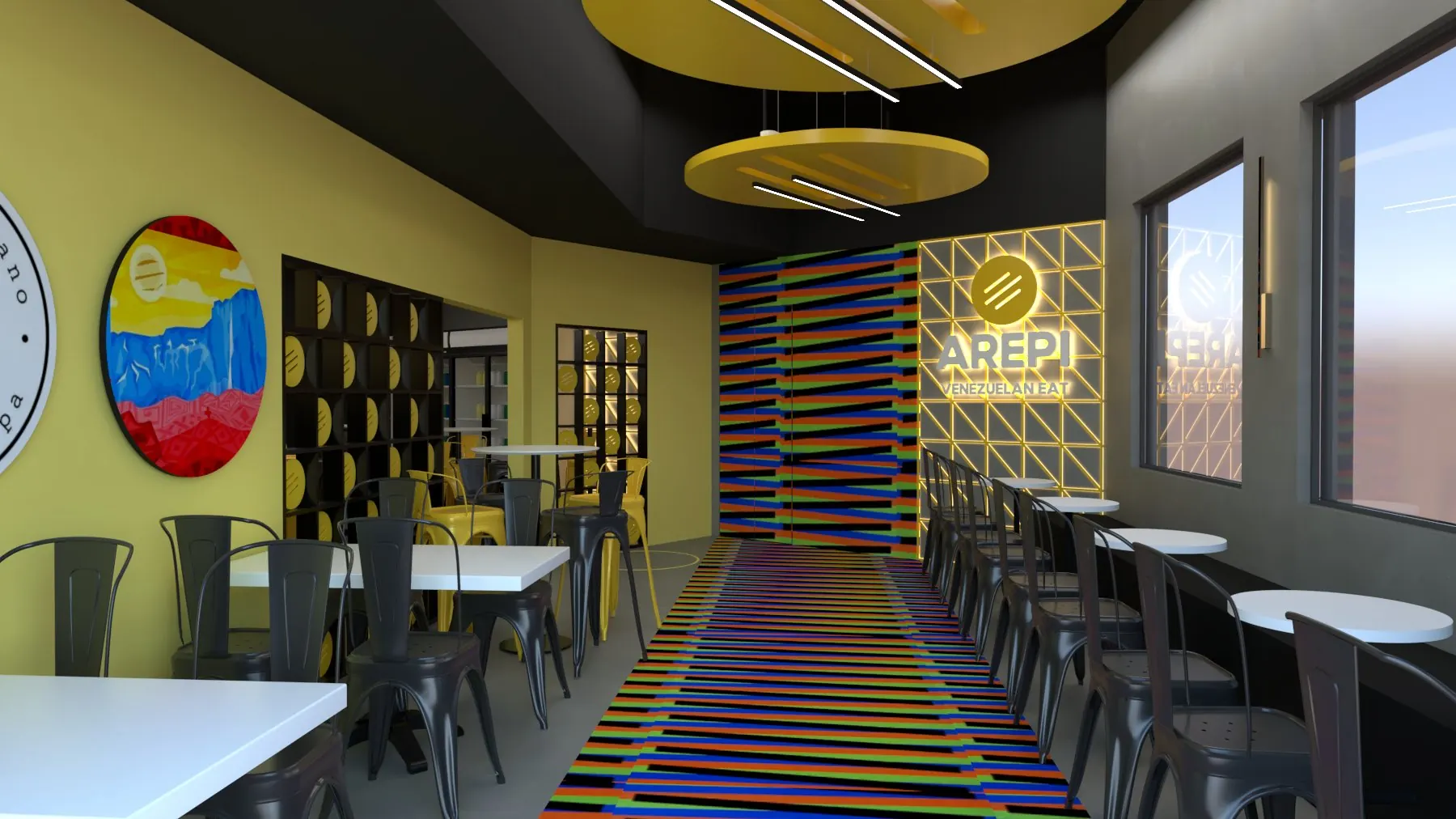 Render del concepto de local de AREPI: pasillo con piso de franjas de color