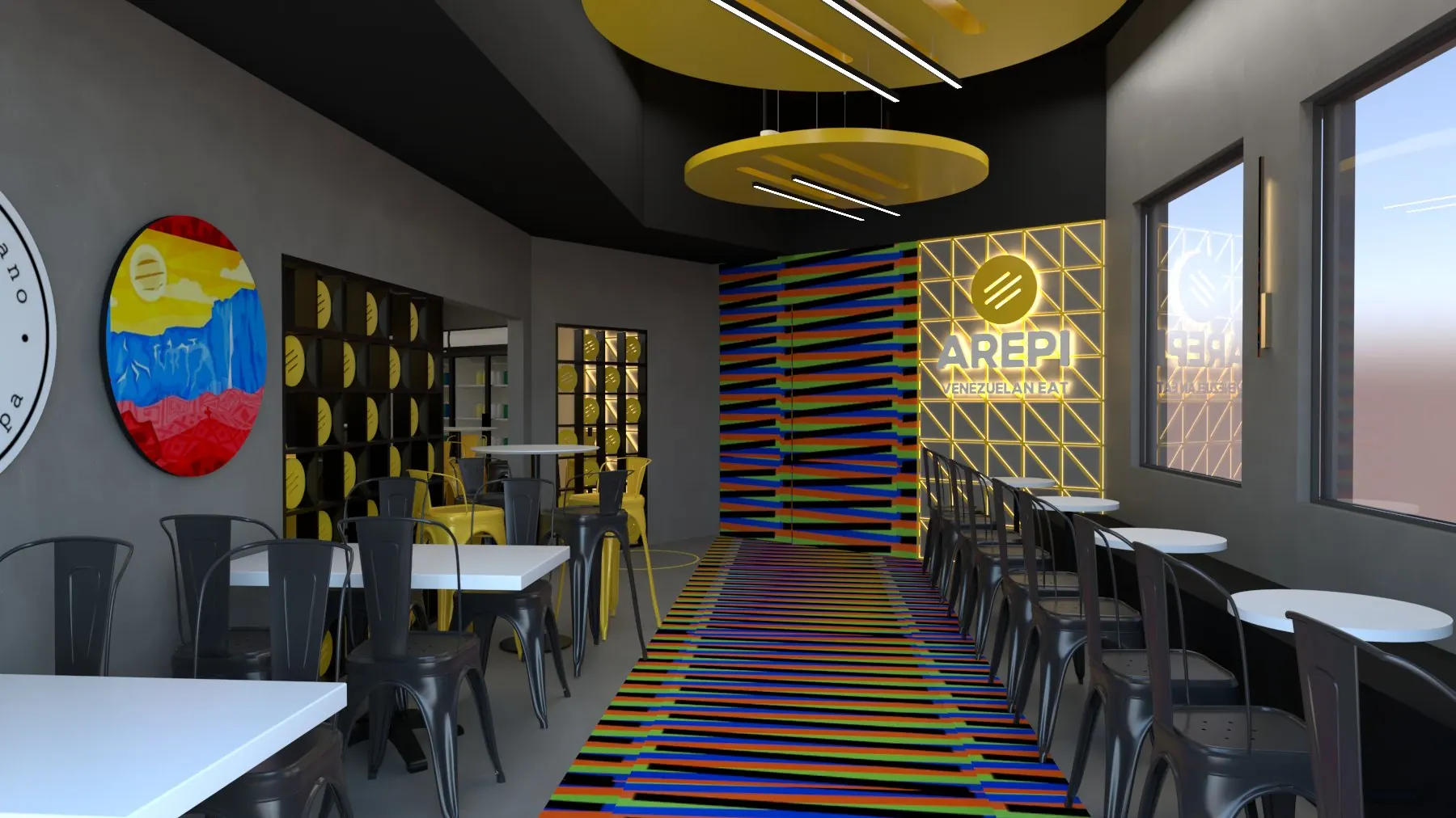 Render del concepto de local de AREPI: pasillo con piso de franjas de color (pared gris)