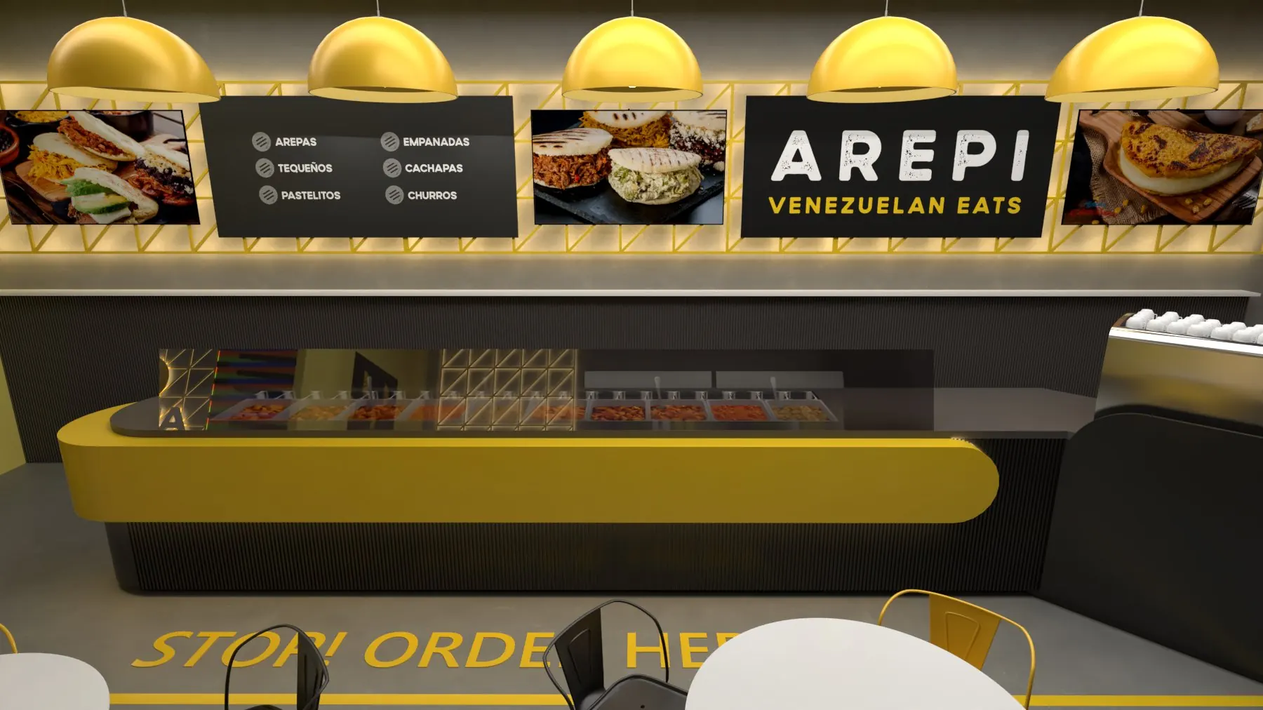 Render del concepto de local de AREPI: menú iluminado sobre la barra
