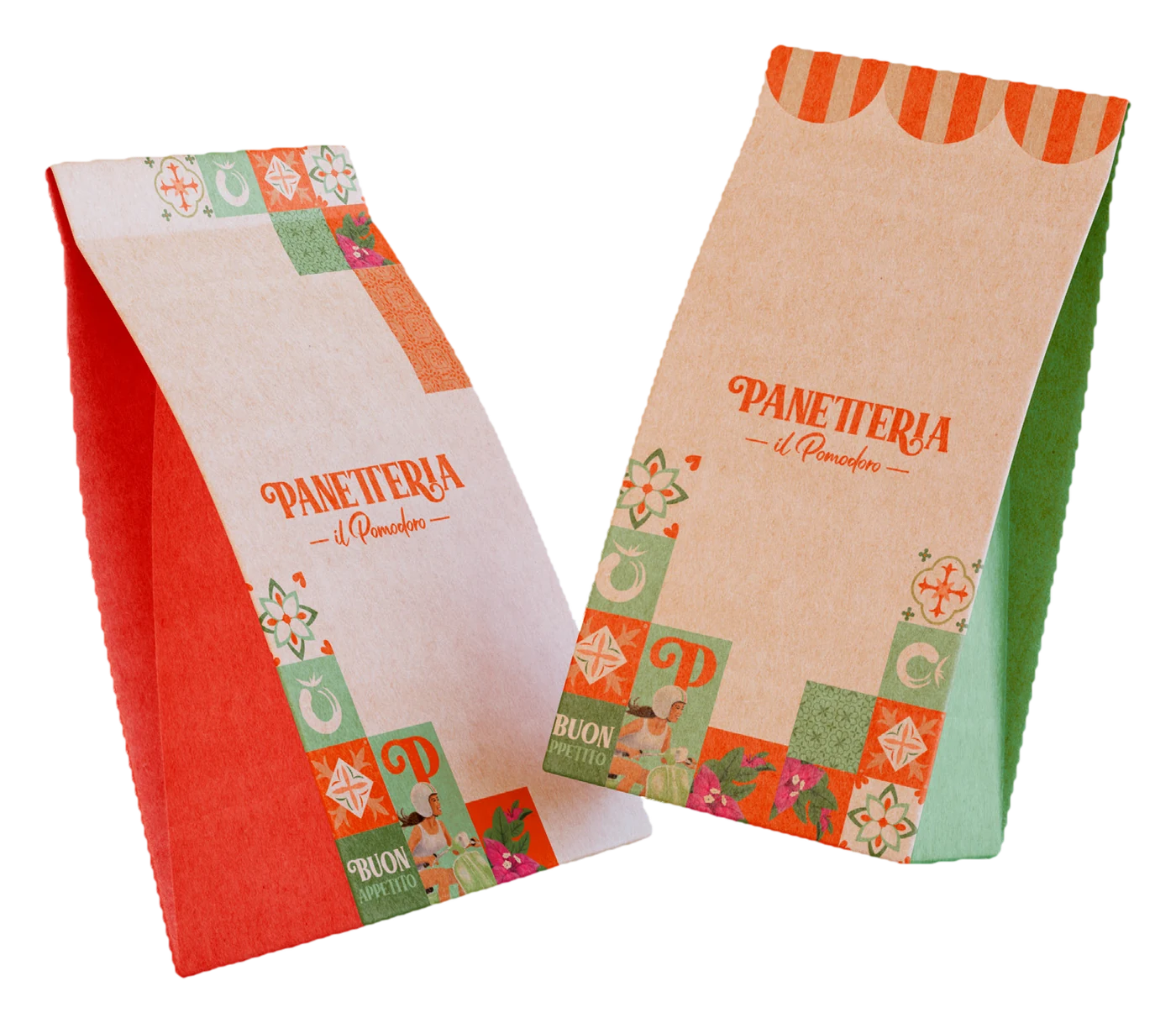 Dos bolsas de pan de Panetteria Il Pomodoro, una con toldo a rayas y otra con el patrón de azulejos