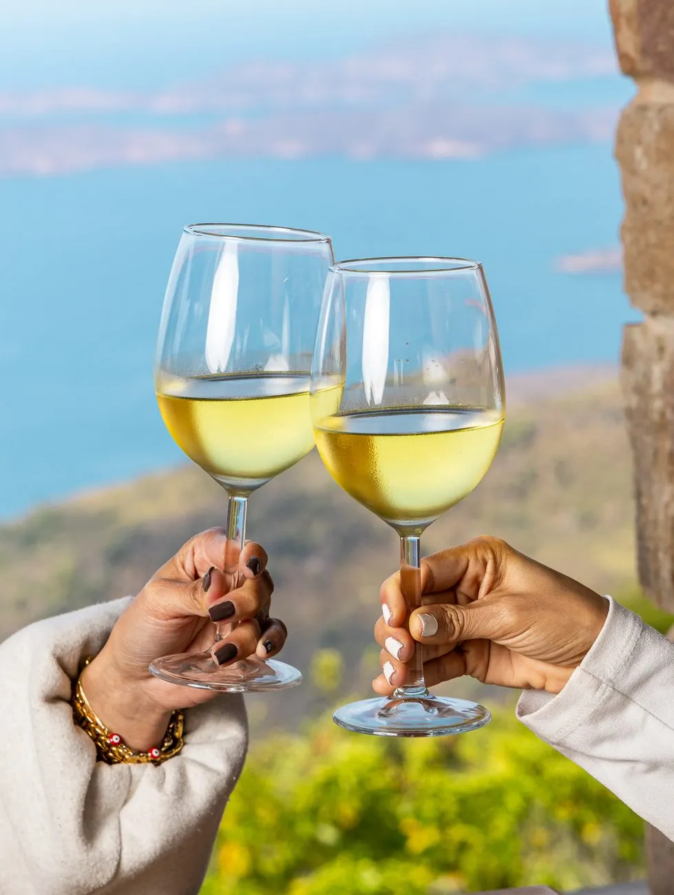 Brindis con copas de vino blanco frente al mar