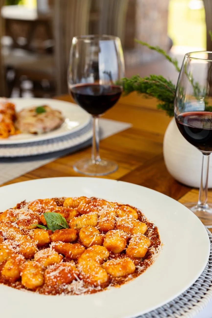 Gnocchi al pomodoro con vino tinto en la terraza