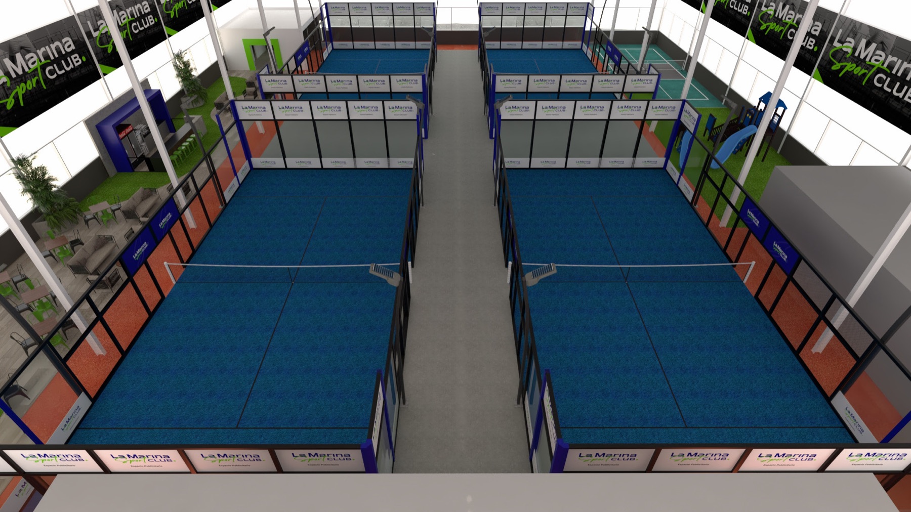 Render 3D de las pistas de La Marina Sport Club vistas desde arriba