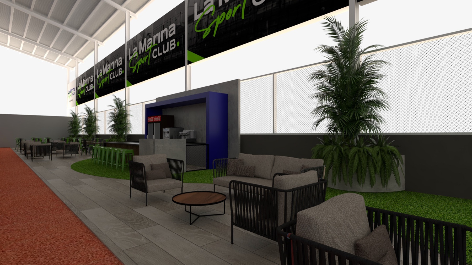 Render 3D del lounge de La Marina Sport Club