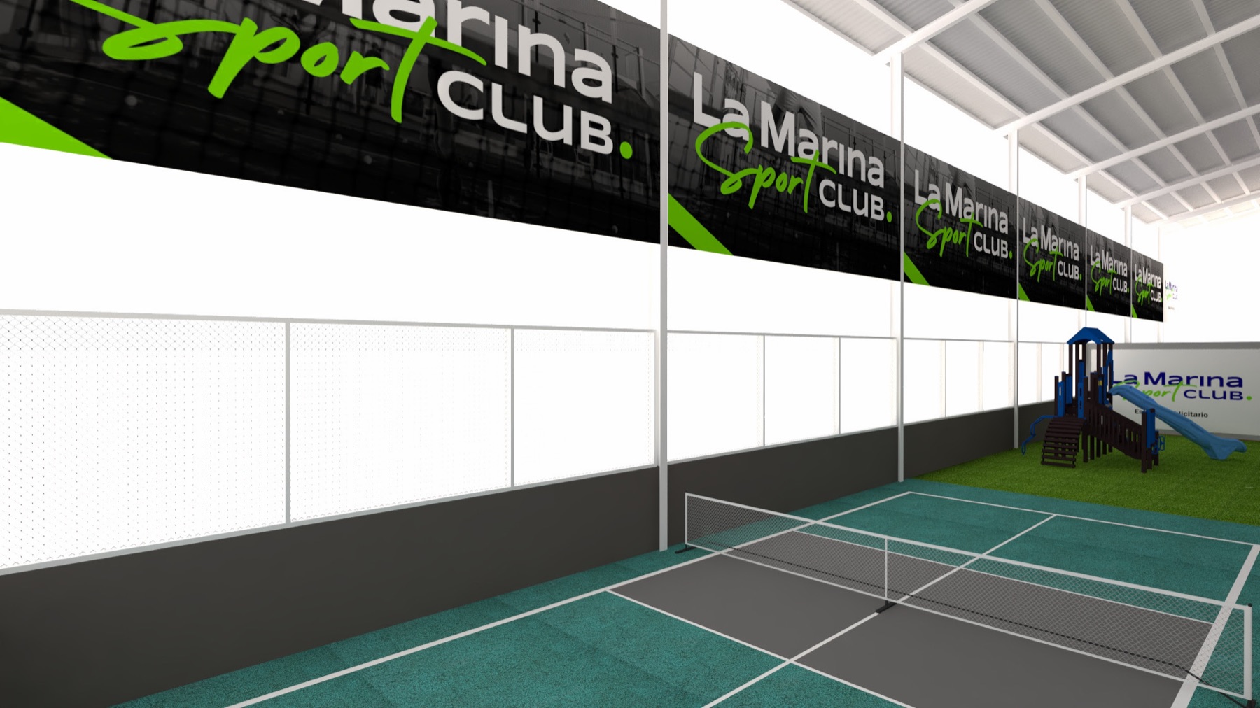 Render 3D con lonas de patrocinio de La Marina Sport Club